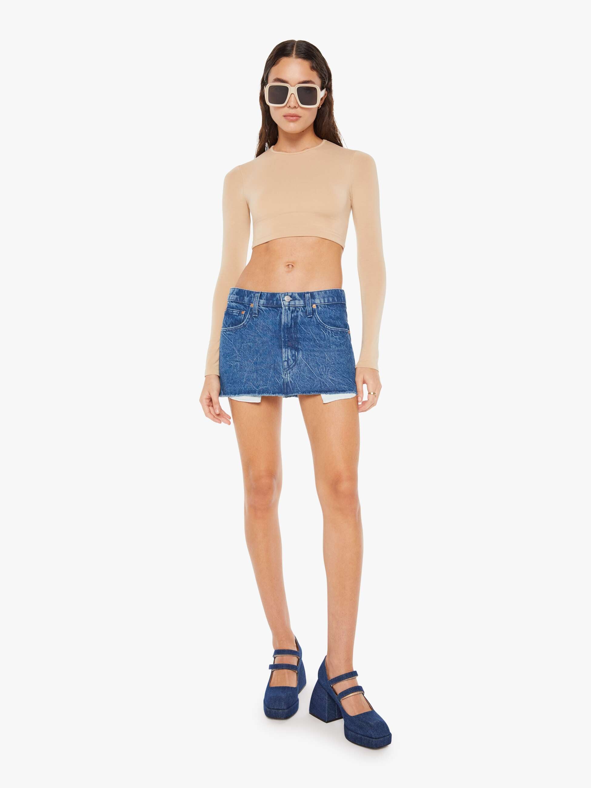 Mid Blue Wash Extreme Thigh High Slit Denim Skirt