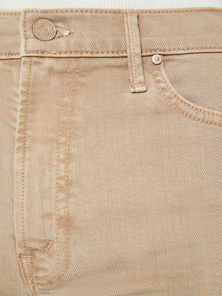 Swatch view of a woman in a light khaki high-rise straight leg with a 32-inch inseam and a clean hem.