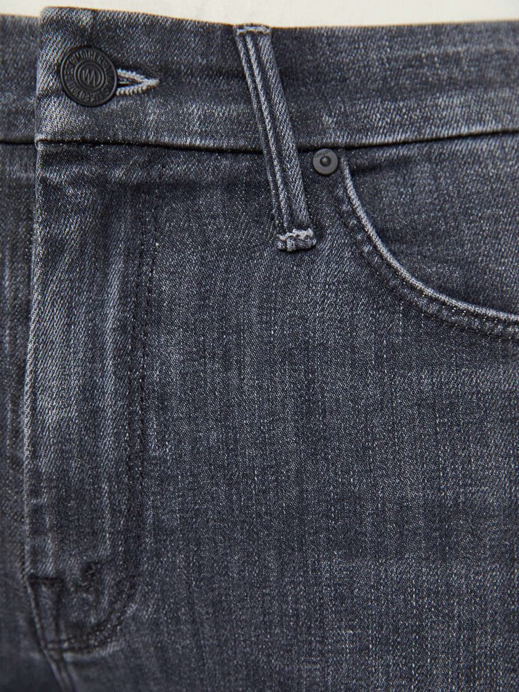 Swatch  view of women's dark grey mid rise skinny jean with zip fly and clean hem.