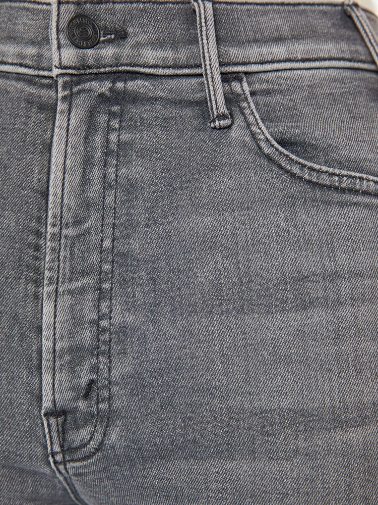 Swatch view of a light grey high-waisted flare jeans with a long 34-inch inseam and a clean hem.