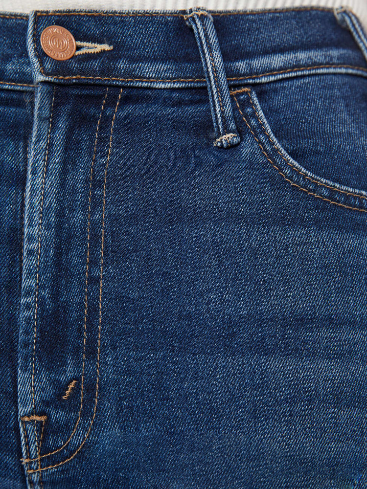 Swatch view of a high waisted bootcut jean in a dark blue jean.