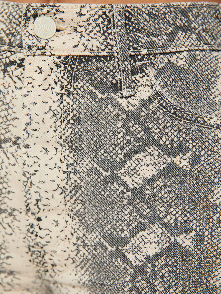 Swatch view of grey and white snake skin high-rise bootcut has a 28.25-inch inseam and a clean hem.