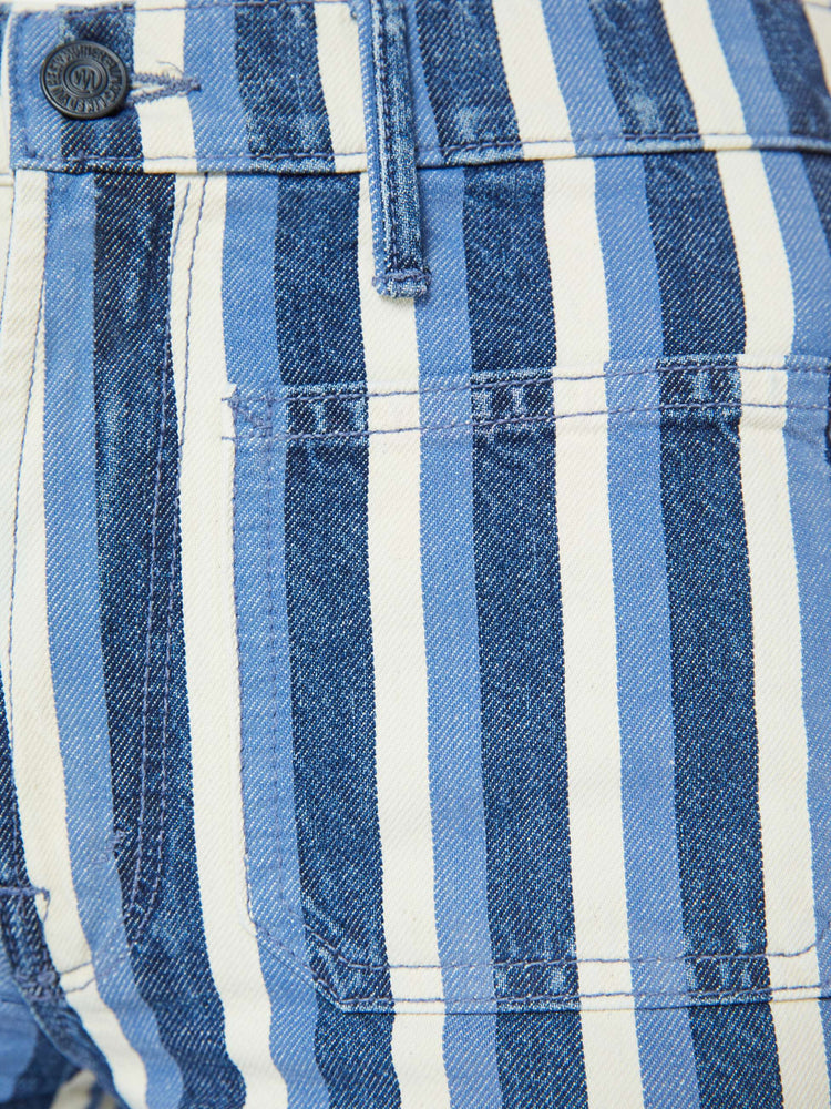 Swatch view of a woman in a flared,  wide-leg pants with patch pockets and a long 32-inch inseam with a clean hem in white and light blue stripes.