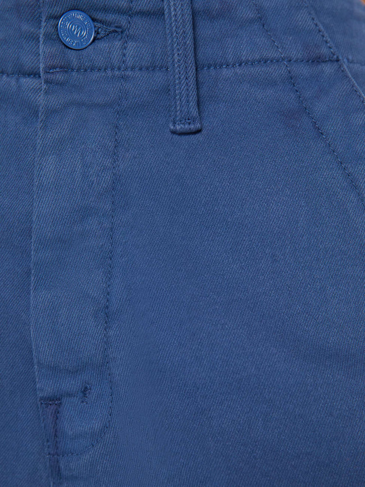 Swatch view of a blue pant super high-waisted pants with a loose straight leg, side slit pockets, long 32-inch inseam and a frayed hem.