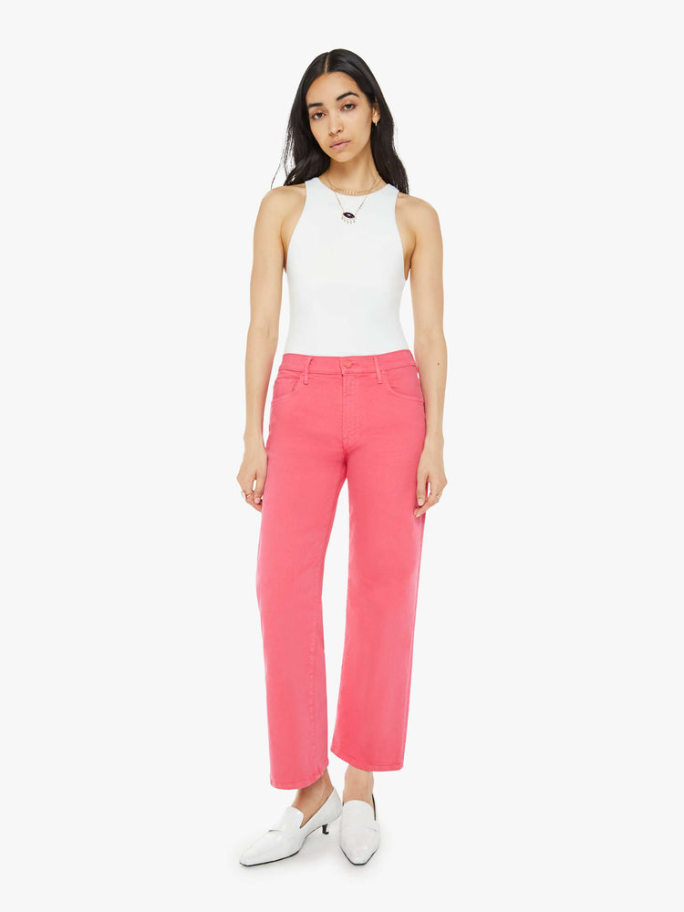 Front view of a bright pink mid-rise pants with a loose fit, wide leg and 28.25-inch inseam with a clean hem.