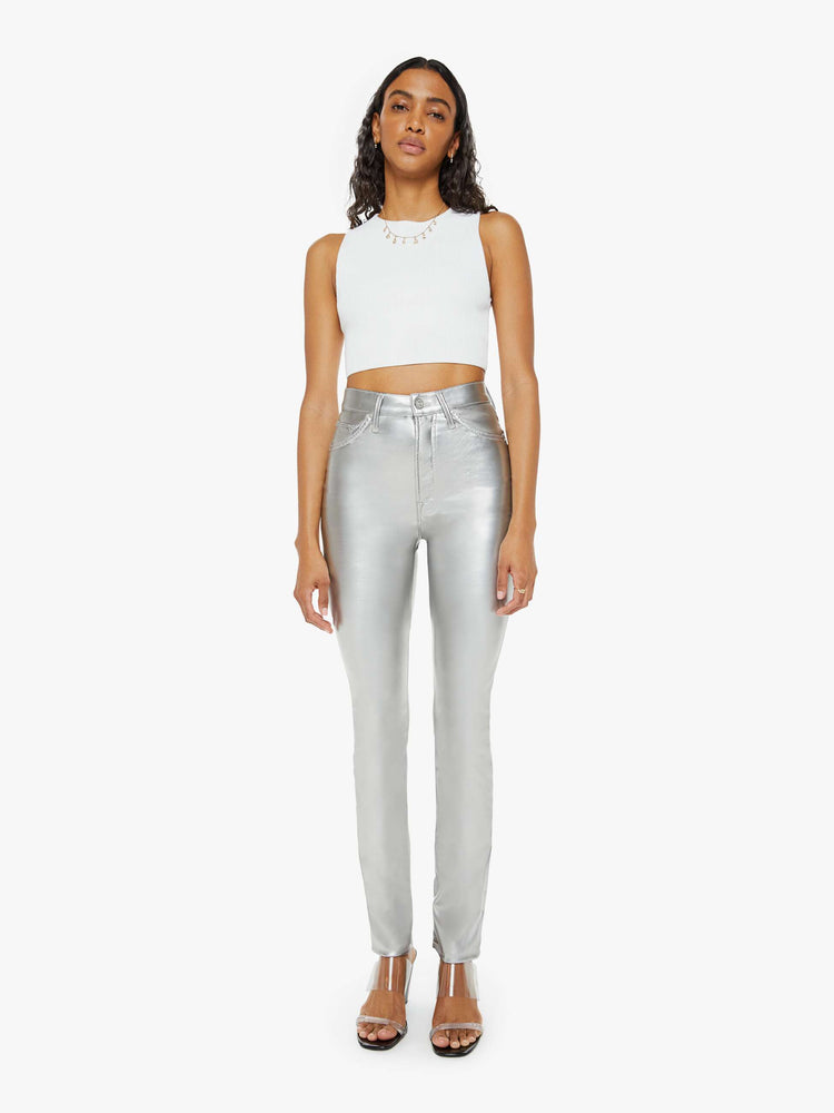 Front view of a woman metallic faux leather super high-waisted skinny  pant with a long 31-inch inseam and a clean hem.