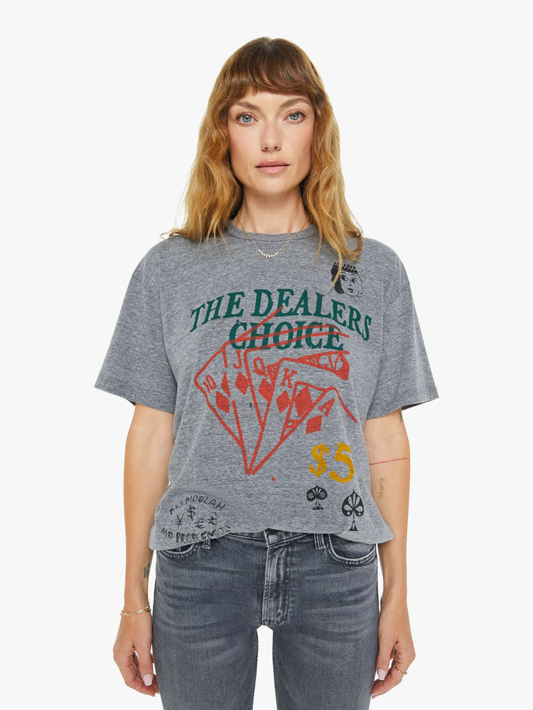 WOMEN front view of a an oversized tee with drop shoulders in a heathered grey with a faded feck of cards with text in green in the front.