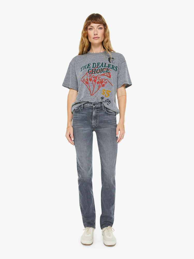 WOMEN front fully body view of a an oversized tee with drop shoulders in a heathered grey with a faded feck of cards with text in green in the front.