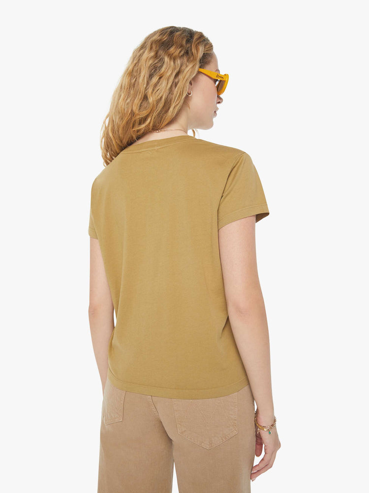 Back view of a woman in a mustard yellow crewneck tee with a slim fit that has a faded black bird graphic with text on the front.