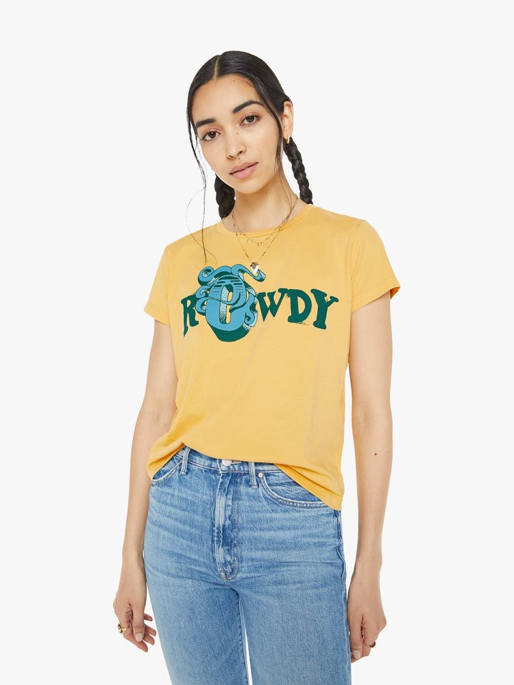 Front view of a woman in a yellow tee features a blue and green text graphic on the front.