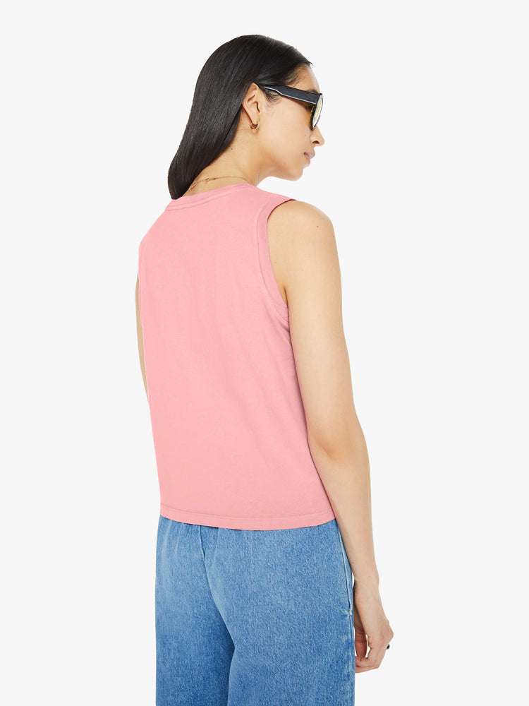 Back view of a woman in a pink cropped muscle tee with a crewneck and boxy fit.