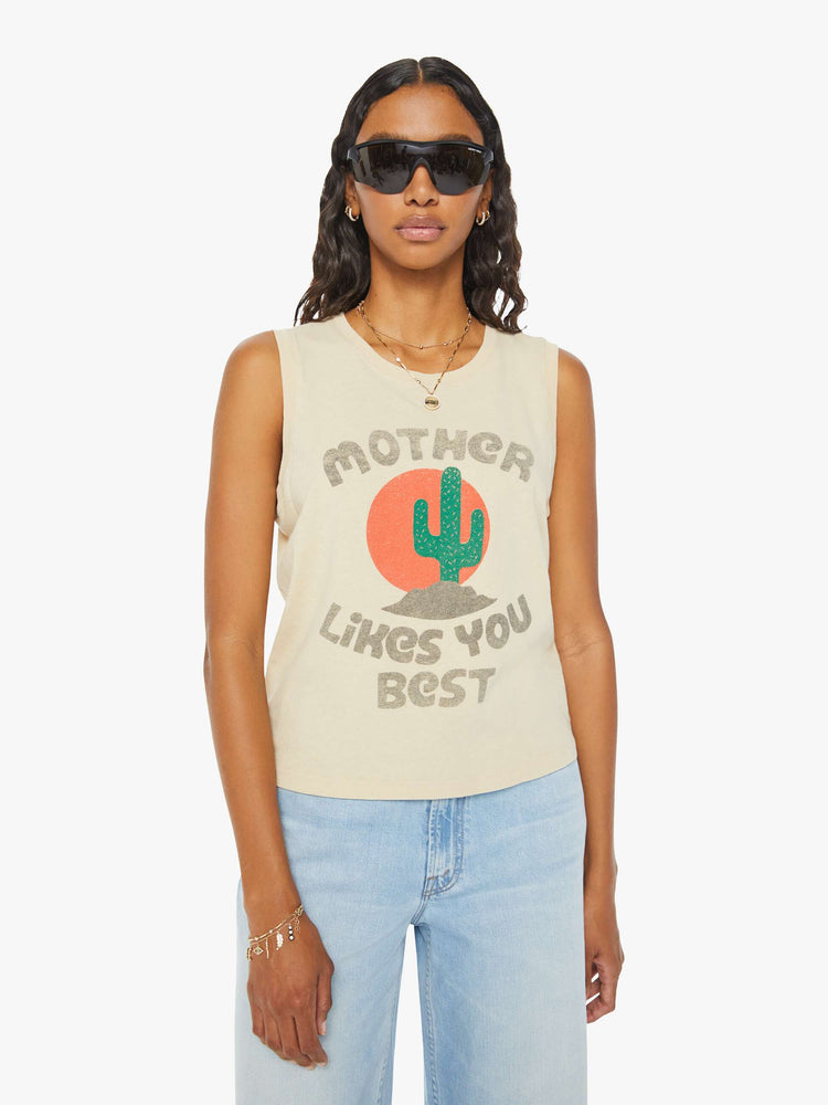 Front view of a woman in a colorful desert cactus graphic cropped muscle tee with a crewneck and boxy fit.