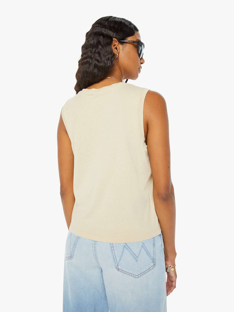 Back view of a woman in a colorful desert cactus graphic cropped muscle tee with a crewneck and boxy fit