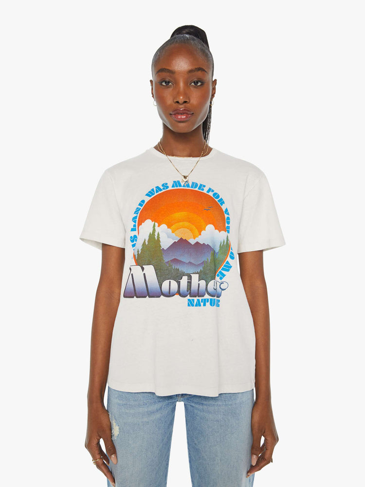 Front view of a woman in a white tee with a colorful mountain graphic and MOTHER's name on the front.