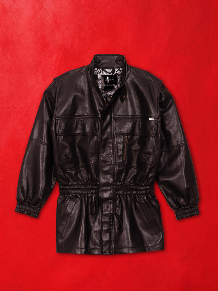 A flat image of a black leather coat jacket against a red background.