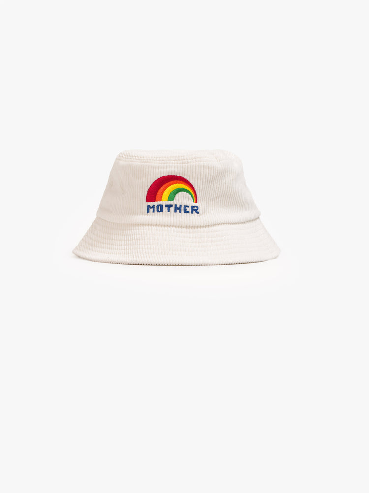 Flat view of an off-white corduroy bucket hat with a rainbow graphic embroidered on the front.