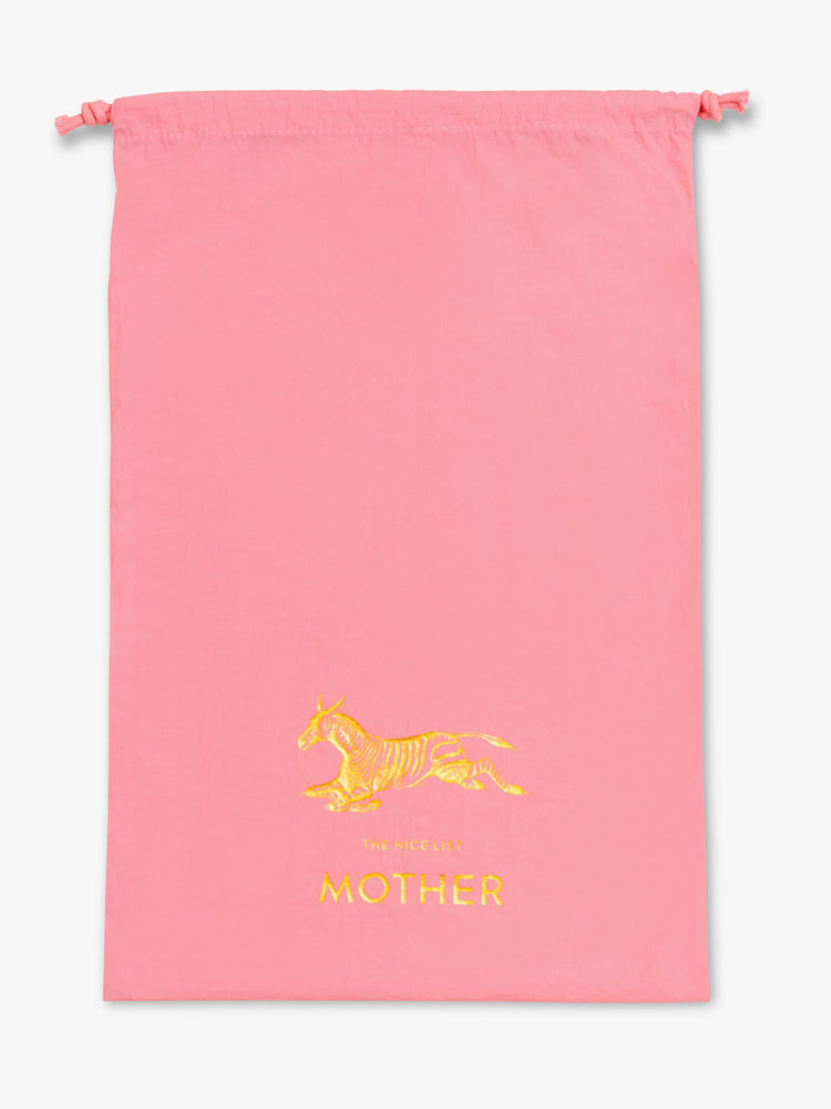 A flat of a large pink dust bag with a gold zebra graphic.