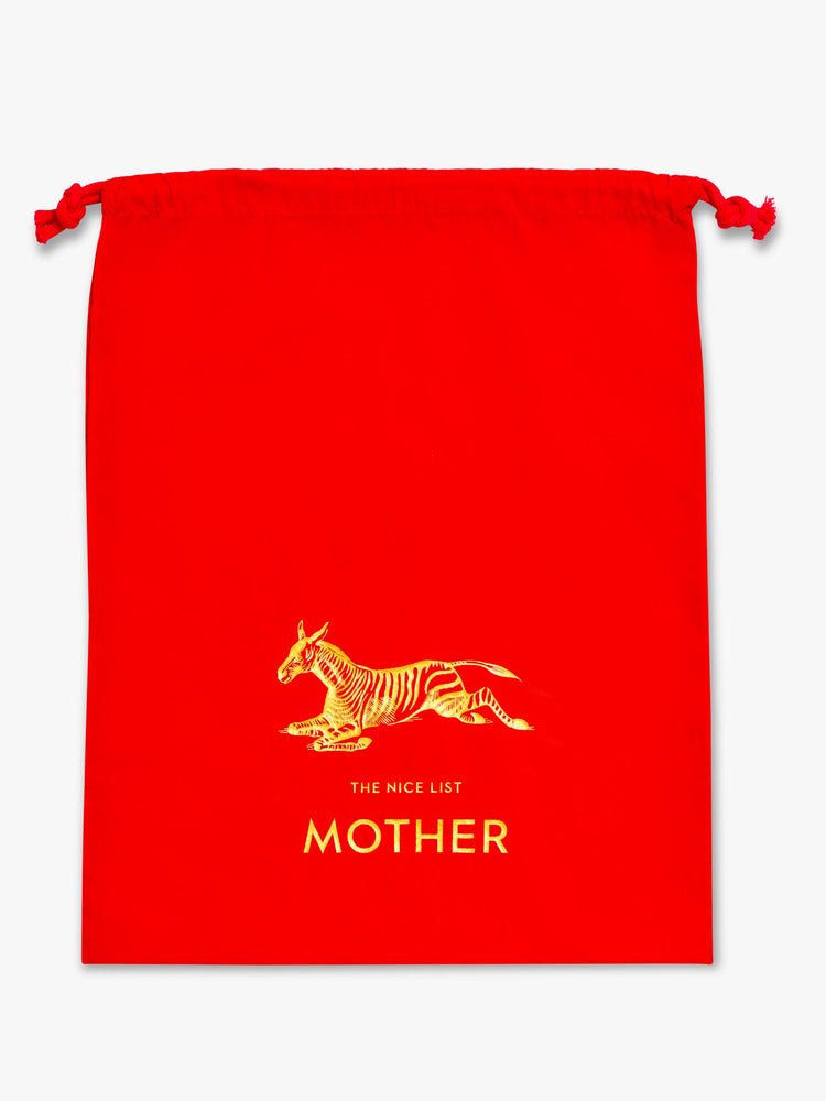 A flat of a large red dust bag with a gold zebra graphic.