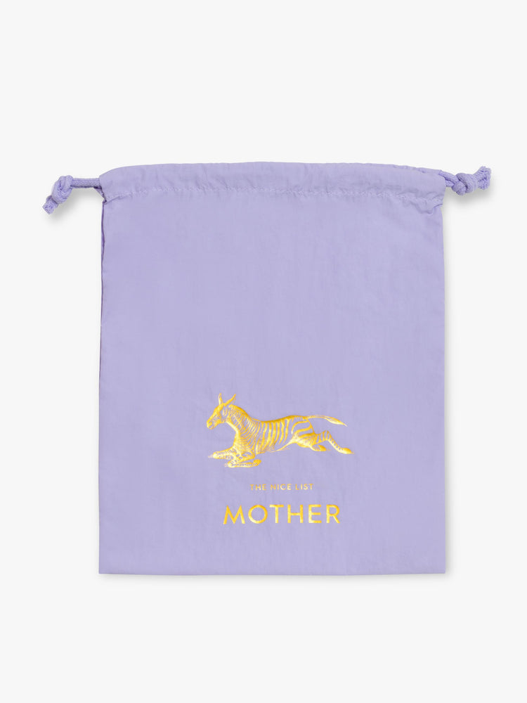 A flat of a light purple dust bag with a gold zebra graphic.