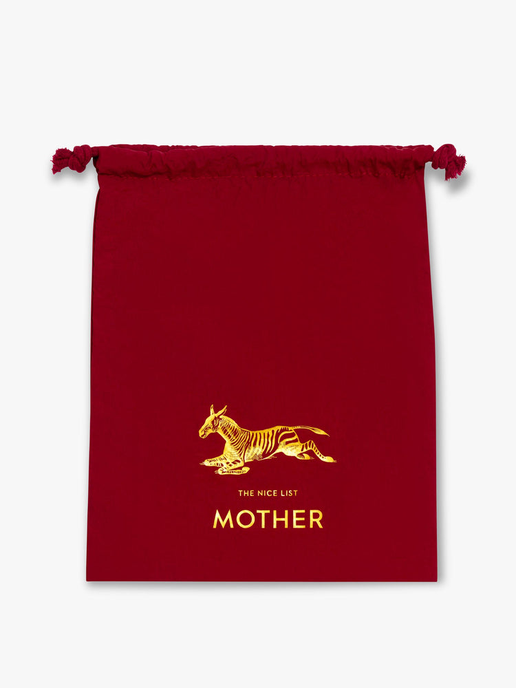 A flat of a dark maroon dust bag with a gold zebra graphic.