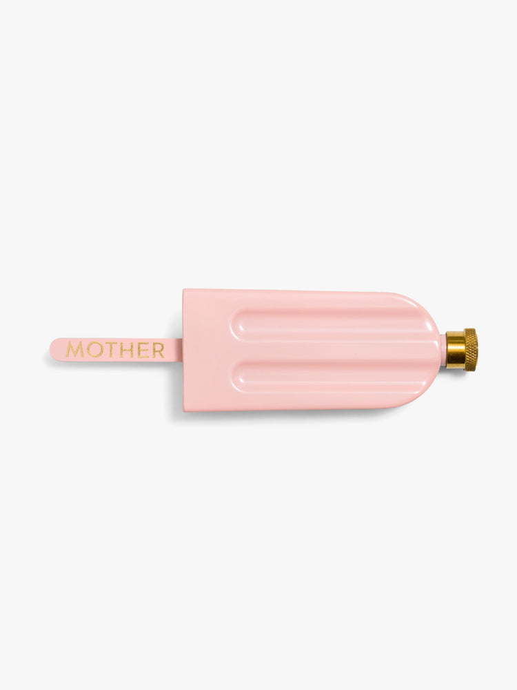 Flat view of a pink popsicle-shaped flask crafted from alloy with a handle and metal screw top.