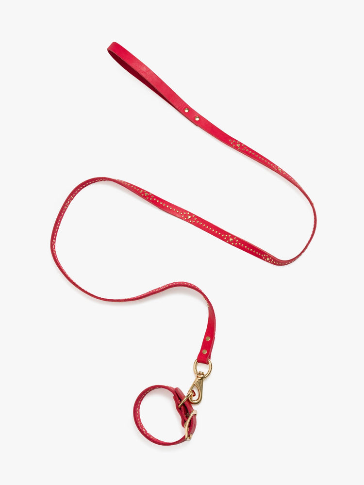 A flat view of a collar and leash made from 100% leather in red and is best for medium to large dogs.