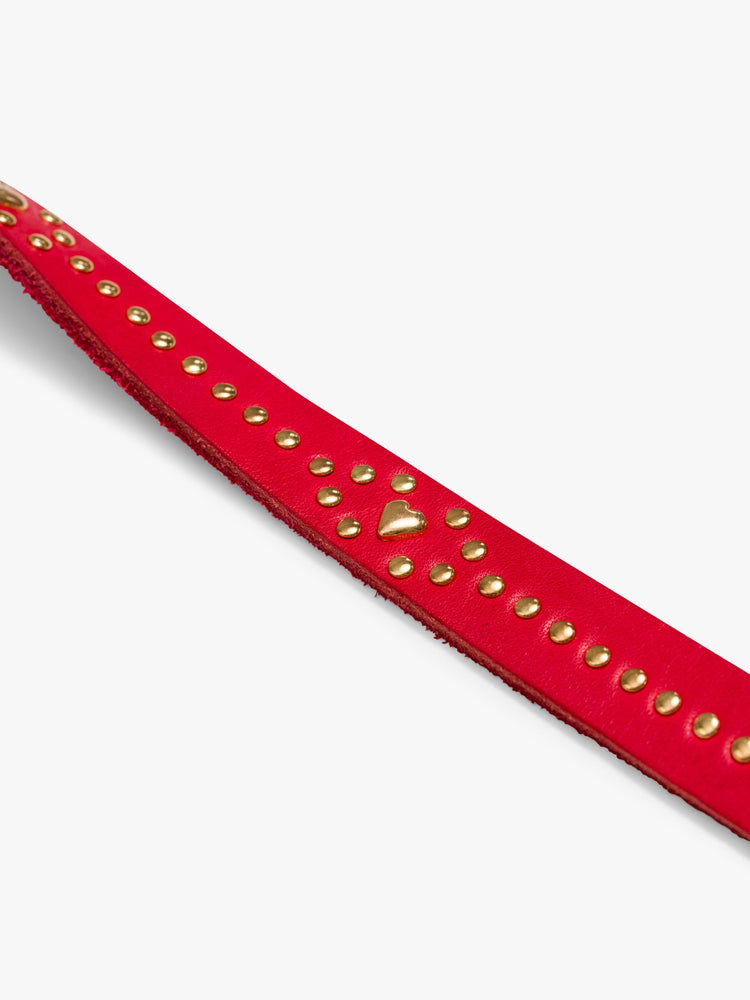 Close up view a leash made from 100% leather in red and is best for medium to large dogs.