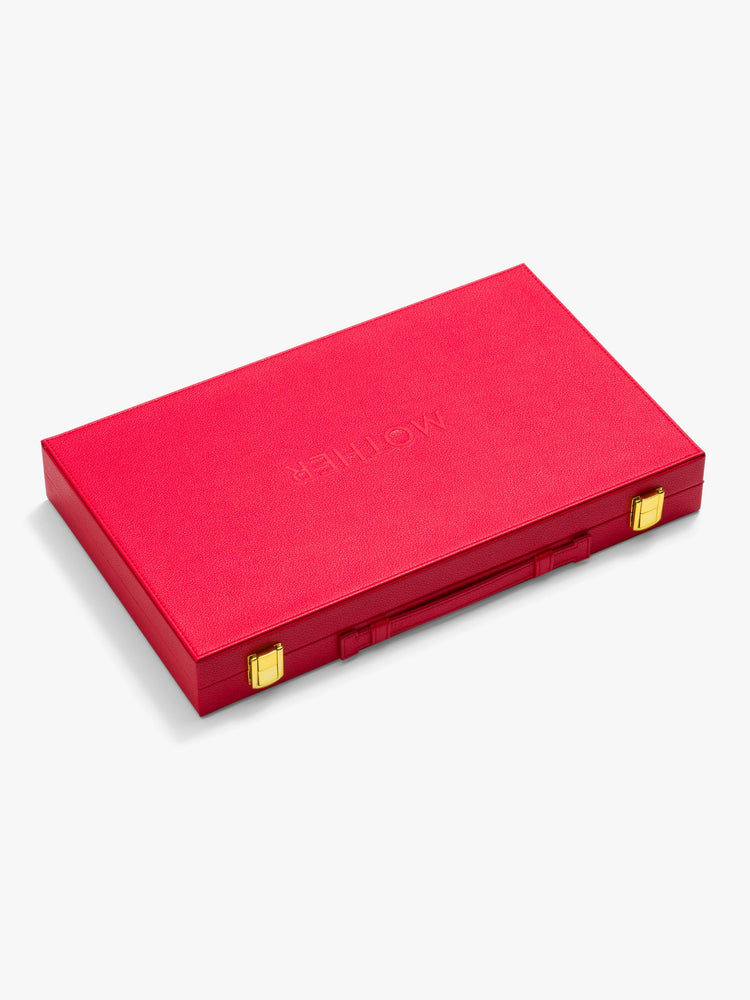 Case view for a custom backgammon set is designed in pink, red and maroon.