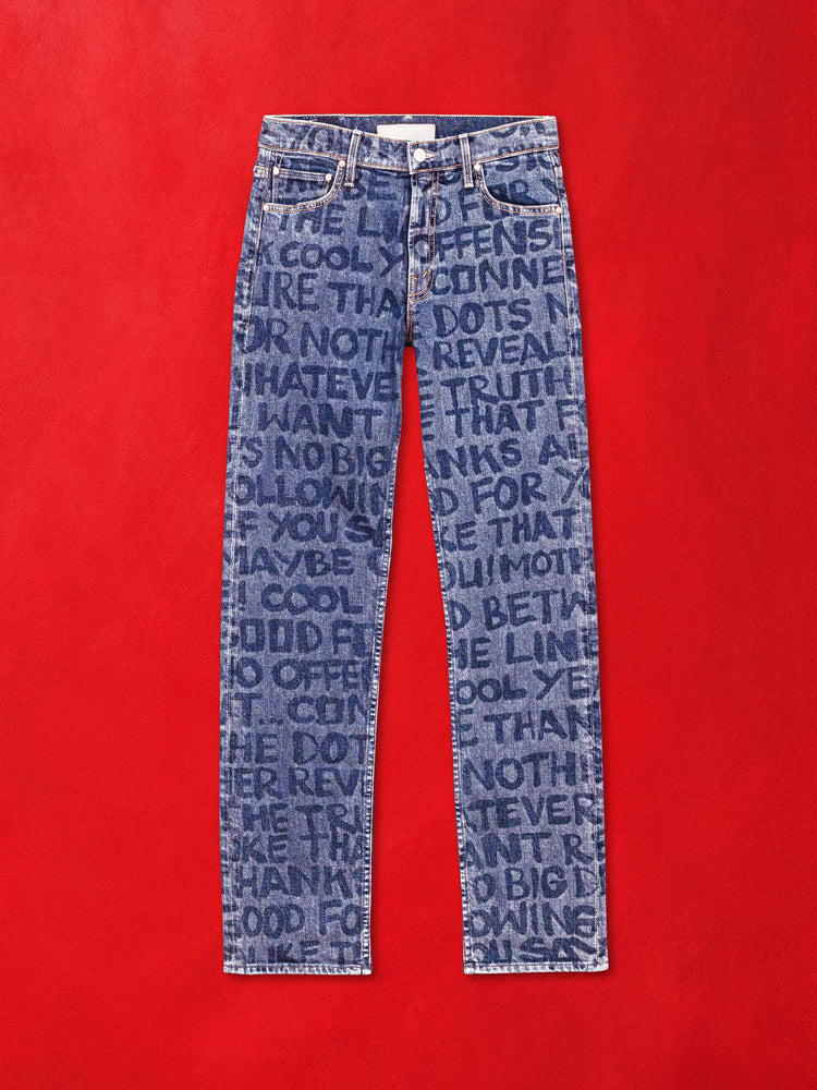 A flat product image of a pair of blue jeans featuring words in a darker blue against a red background.