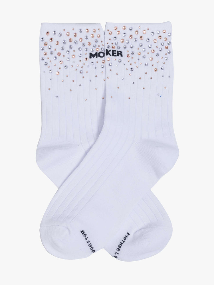 Flat facing view of Tube socks with an explicit message from MOTHER in white with black text and dotted with rhinestones.