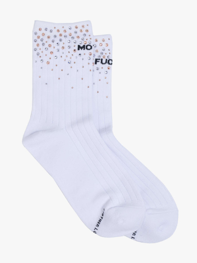 Flat side view of Tube socks with an explicit message from MOTHER in white with black text and dotted with rhinestones.