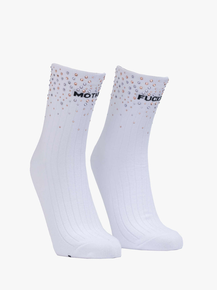 Front view of  Tube socks with an explicit message from MOTHER in white with black text and dotted with rhinestones.