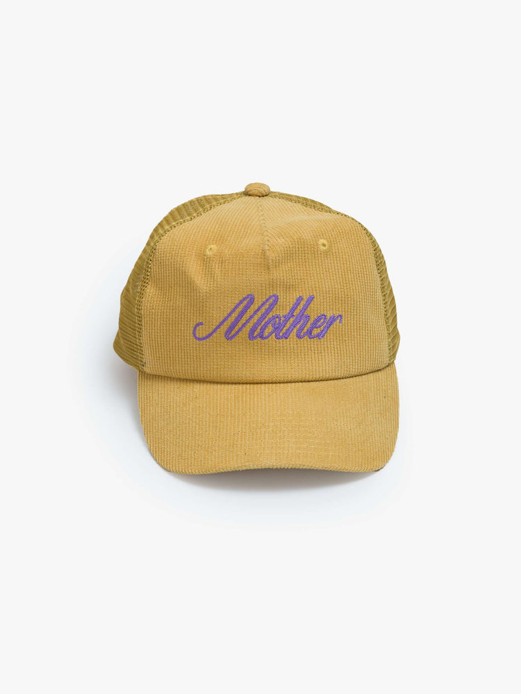 Front view of a vintage-inspired trucker hat designed in mustard-yellow corduroy with MOTHER's name in lavender on the front.