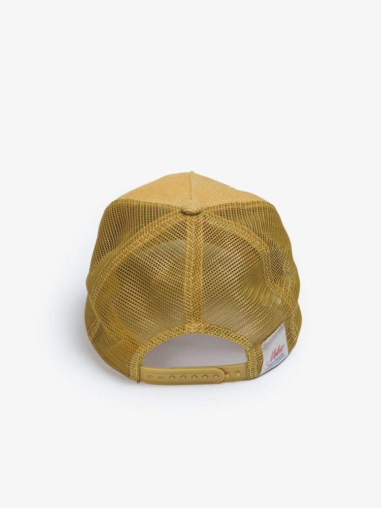 Back view of a vintage-inspired trucker hat designed in mustard-yellow corduroy with MOTHER's name in lavender on the front.