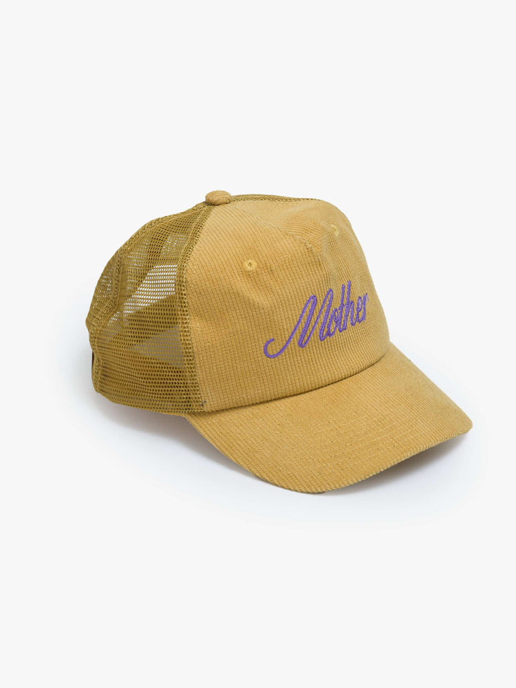 Side angle view of a vintage-inspired trucker hat designed in mustard-yellow corduroy with MOTHER's name in lavender on the front.