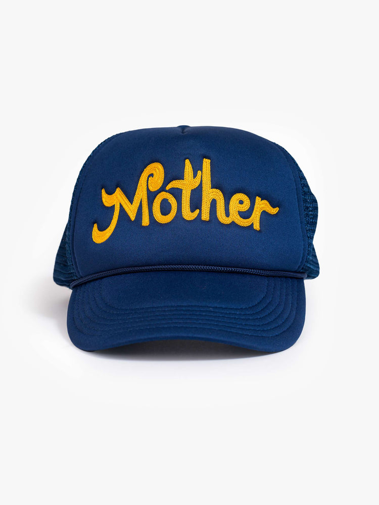 Front flat view of a vintage-inspired trucker hat designed in navy with MOTHER's name in golden yellow on the front.