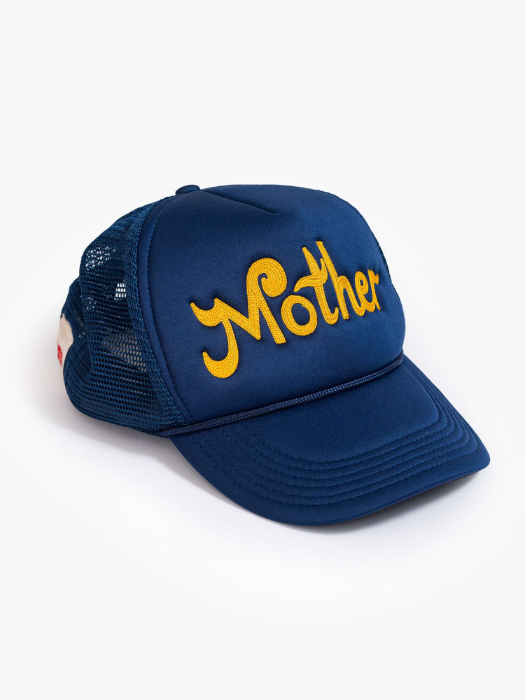 Side flat view of a vintage-inspired trucker hat designed in navy with MOTHER's name in golden yellow on the front.