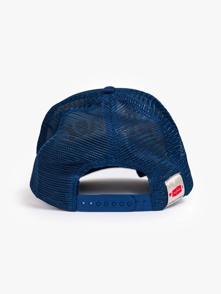 Back view of a vintage-inspired trucker hat designed in navy with MOTHER's name in golden yellow on the front.