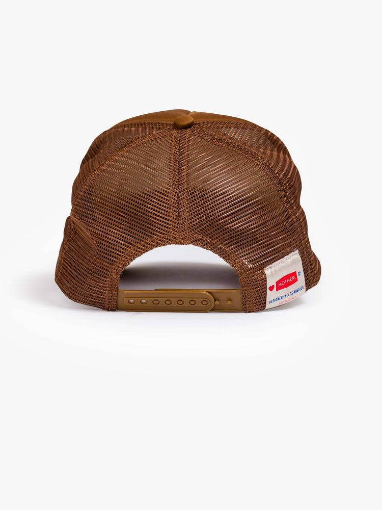 Flat back view of a brown trucker hat with MOTHER's name in orange and cream on the front.