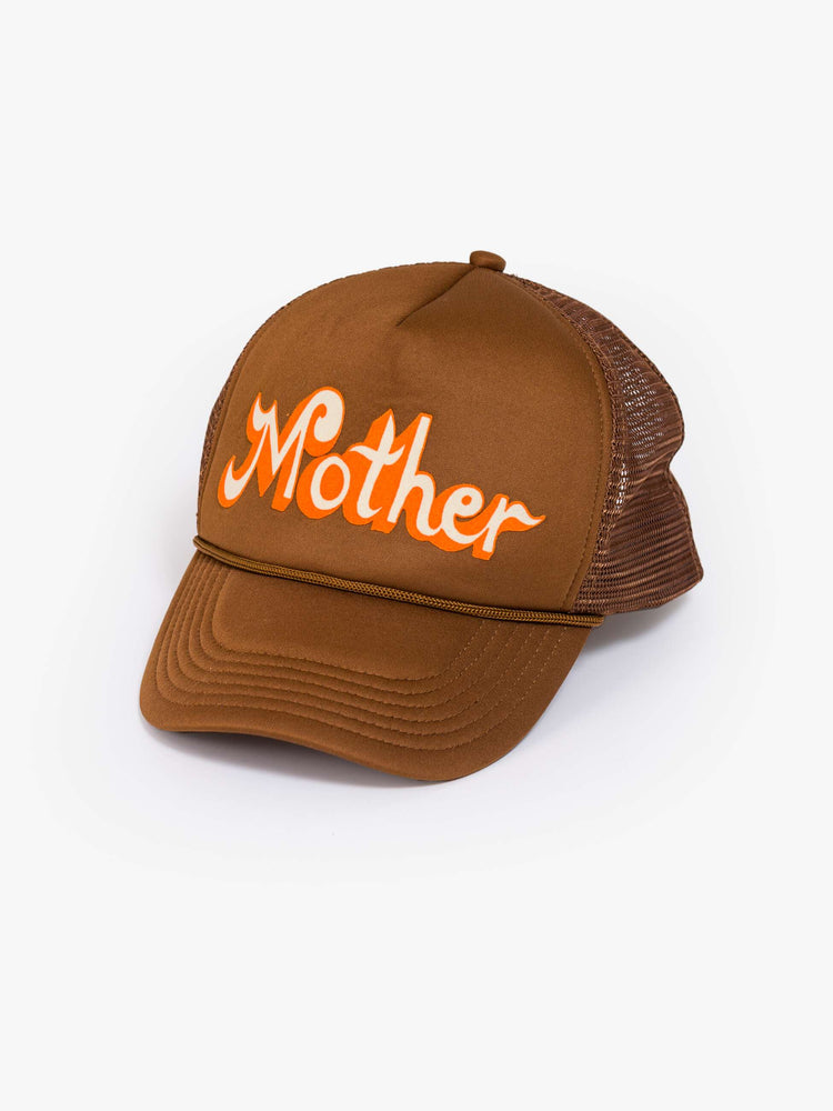 Flat view of a brown trucker hat with MOTHER's name in orange and cream on the front.