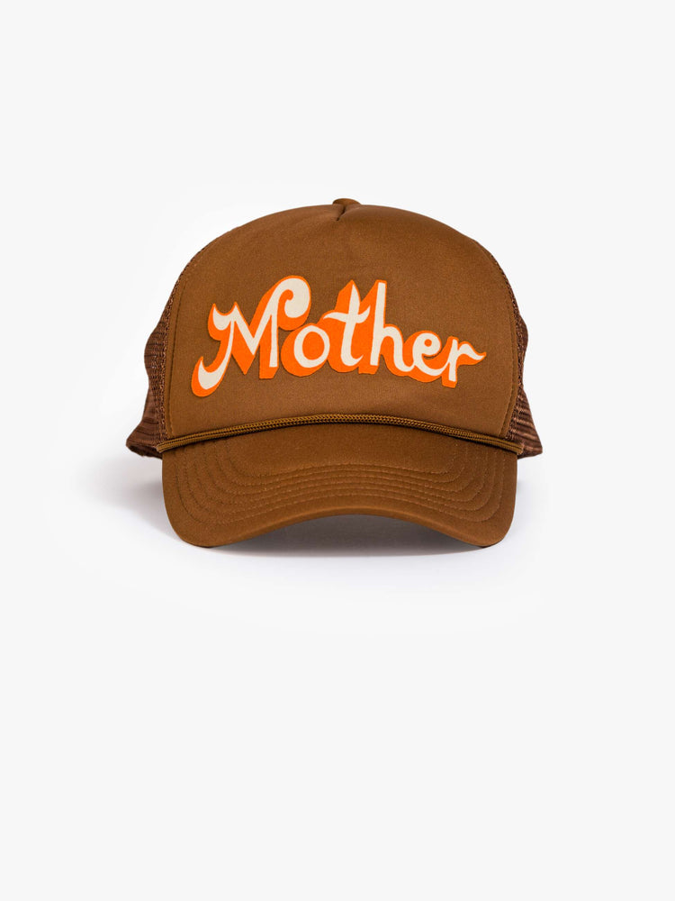 Flat view of a brown trucker hat with MOTHER's name in orange and cream on the front.