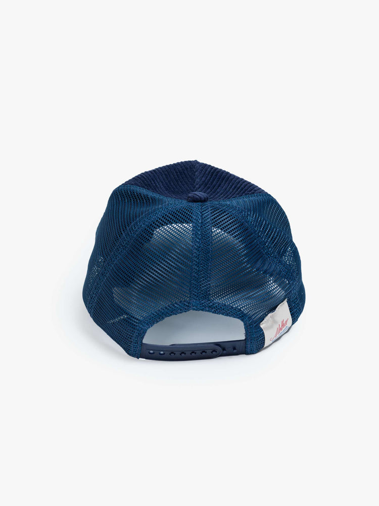 Back flat view of a vintage-inspired trucker hat designed in dark blue corduroy with MOTHER's name in cursive on the front.