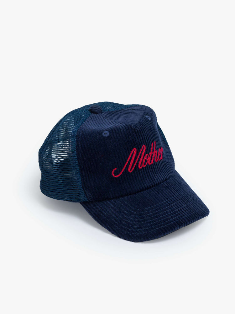 Side angle flat view of a vintage-inspired trucker hat designed in dark blue corduroy with MOTHER's name in cursive on the front.