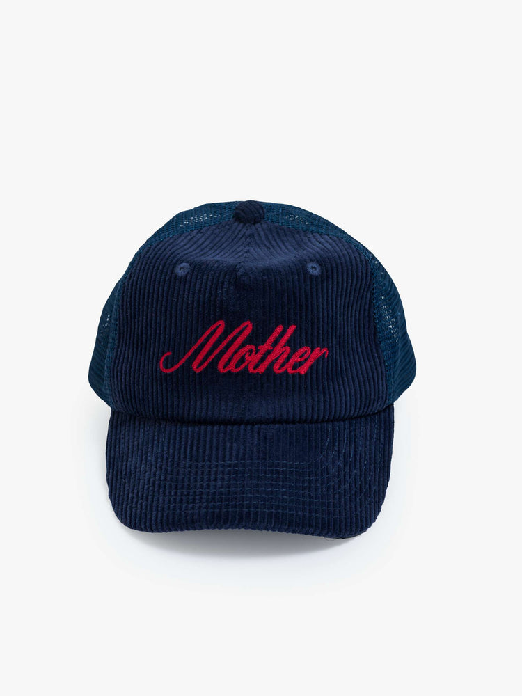 Flat view of a vintage-inspired trucker hat designed in dark blue corduroy with MOTHER's name in cursive on the front.