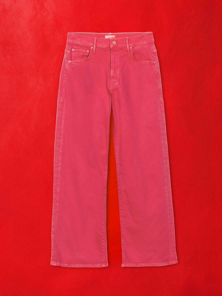 A flat image of a pair of pink pants against a red background.