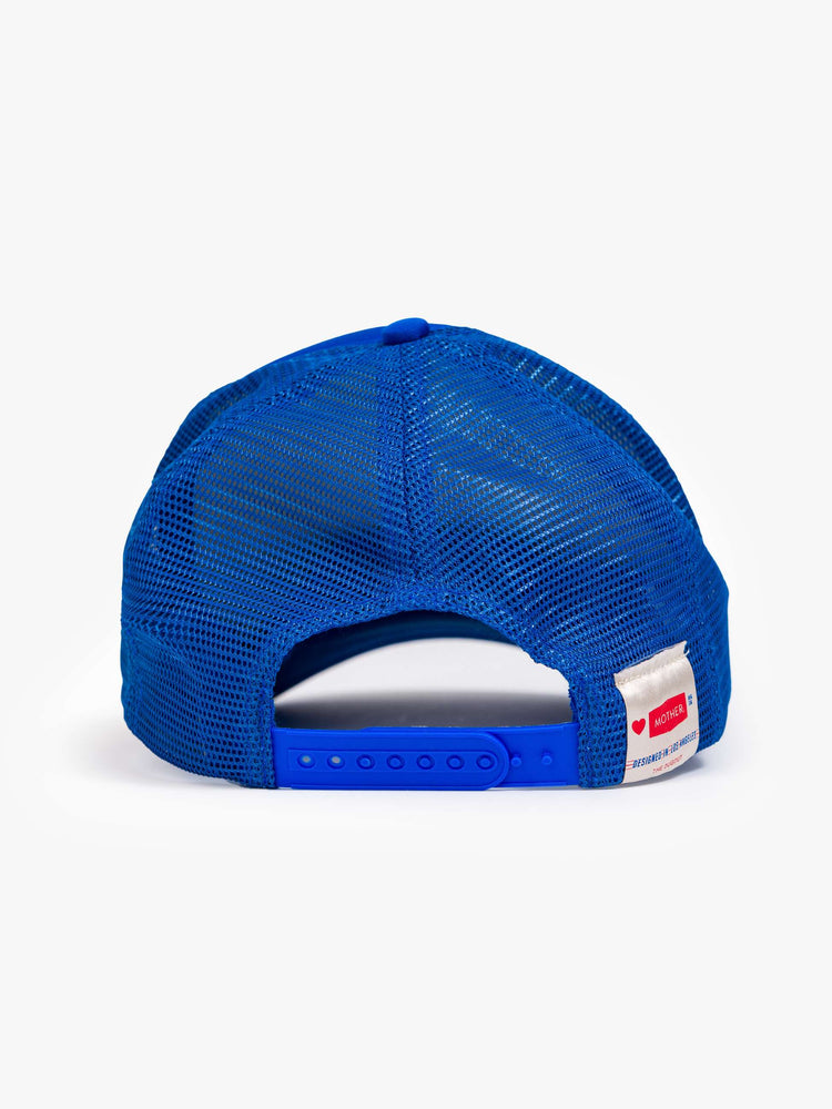 Back view of a vintage-inspired trucker hat designed in blue with MOTHER's name on the front.