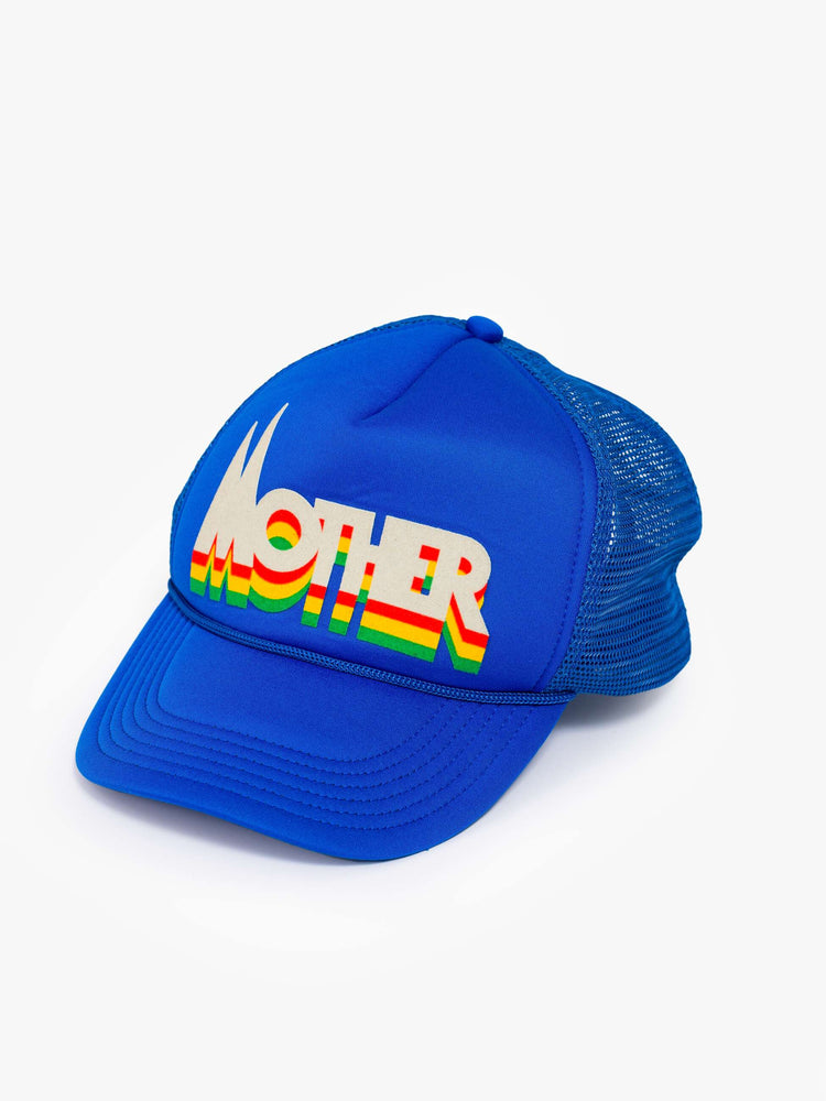 Side view of a vintage-inspired trucker hat designed in blue with MOTHER's name on the front.