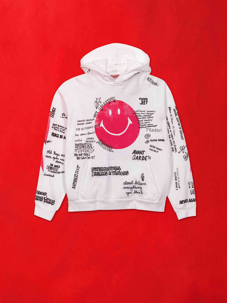 A flat image of a white hoodie with black and red graphics against a red background.