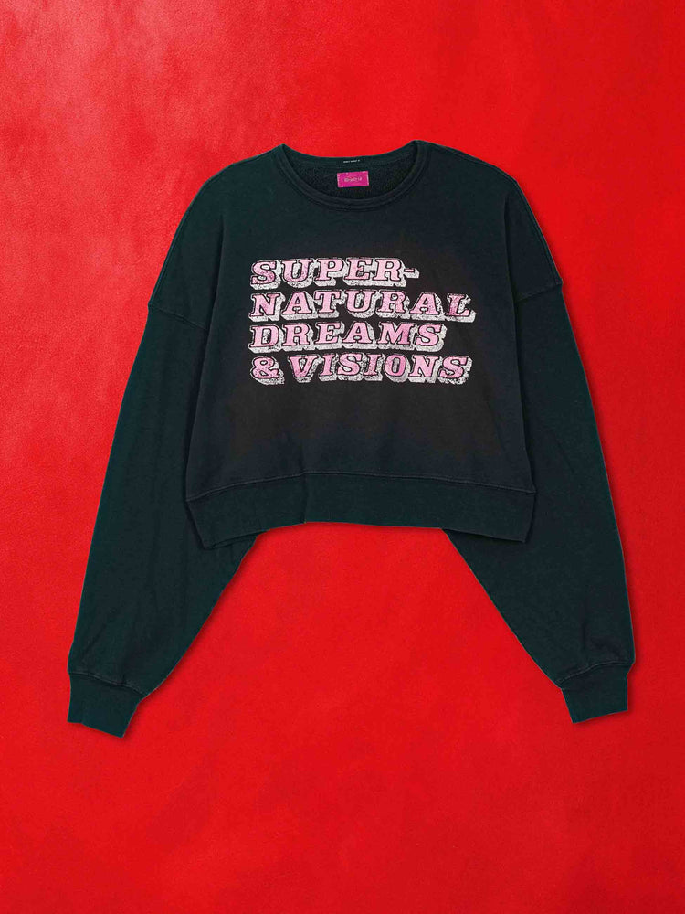 A flat image of a black sweatshirt with a pink graphic against a red background.