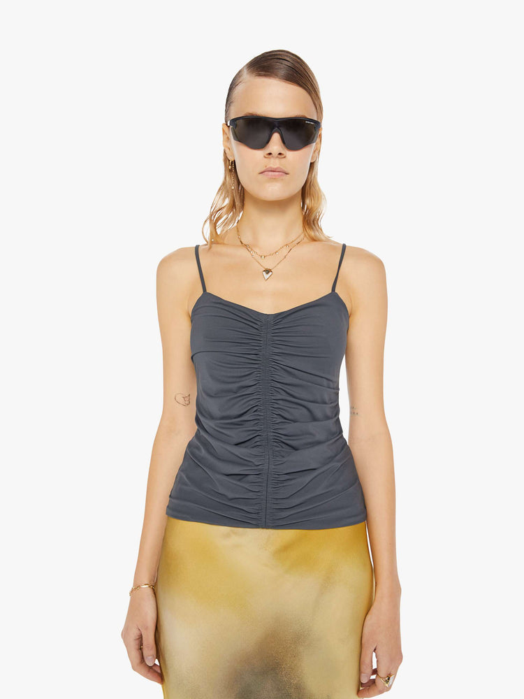 Front view of a charcoal grey sleeveless top with a shallow V-neck, thin spaghetti straps, a gathered seam down the front and a narrow fit. 